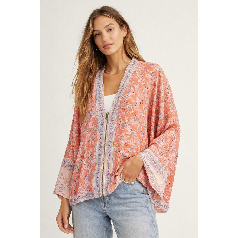 Free People Boho Floral Zip Kimono Top / Lightweight Jacket XS/S Oversized Boho